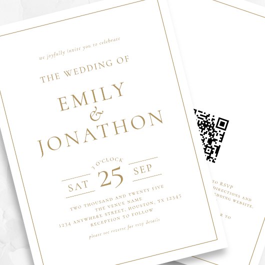 Invitation Elegant Ligne d'écriture or Bordure Code QR Mariag