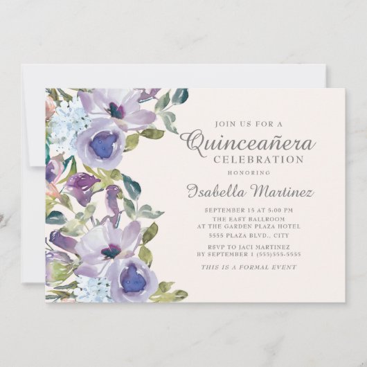 Invitation Elégant Lilac bleu Floral Horizontal Quinceañera (Devant)