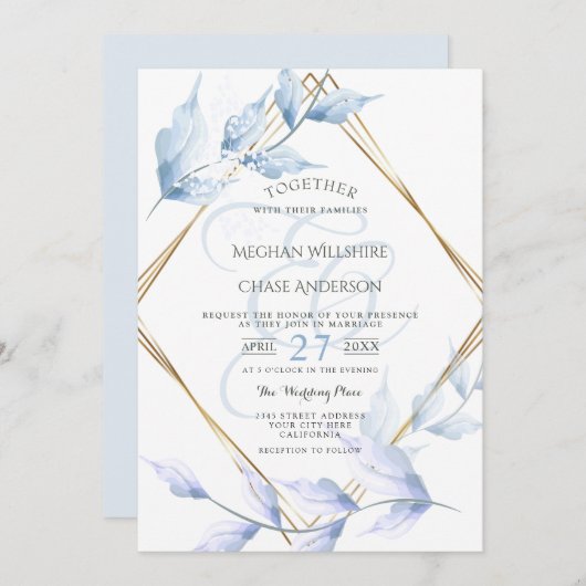 Invitation Élégant Lilac bouché et feuillage bleu poussiéreux (Devant / Derrière)