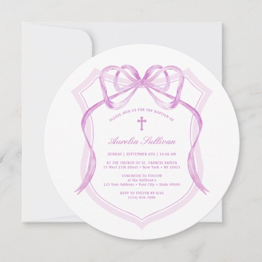 Invitation Élégant Lilac Bow Crest Baptisme (Devant)