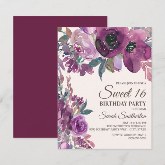 Invitation Élégant Lilac Plum Purple Floral Script Sweet 16 (Devant / Derrière)