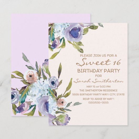 Invitation Élégant Lilac Purple Floral Vert Doux 16 (Devant / Derrière)