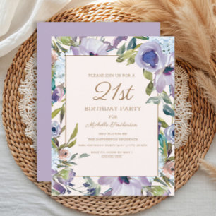 Invitation Élégant lilas violet floral verdure 21e anniversai