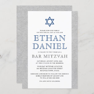 Invitation Élégant lin gris bleu étoile de David bar mitzvah