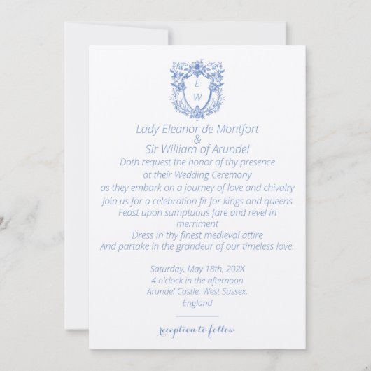 Invitation Elégant Linge Bleu Crest Monogramme Mariage (Devant)