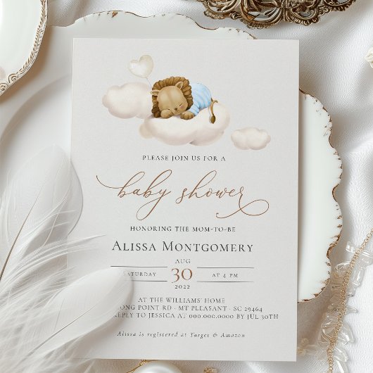 Invitation Élégant Lion couché Baby shower sur nuages