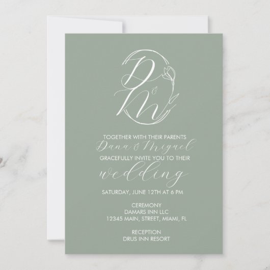 Invitation Élégant Logo De Mariage Floral Délicat Monogrammé (Devant)