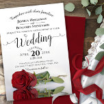 Invitation Élégant long Stemmed Rouge Rose Romantique Mariage<br><div class="desc">Cette magnifique faire-part de mariage présente un design floral moderne avec une seule rose rouge à longue tige posée sur son côté réfléchissant dans un bassin avec vagues et ondulations. Le design est simple,  élégant,  romantique et sophistiqué,  avec la calligraphie de script en dentelle et le contenu entièrement personnalisable.</div>