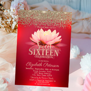 Invitation Élégant Lotus Rouge Diamants en Or Confettis Sweet