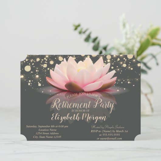 Invitation Élégant Lotus String Lights Dots Retraite Party (Debout devant)