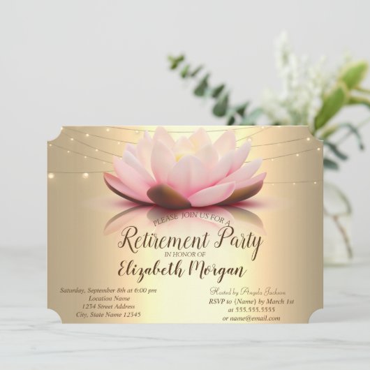 Invitation Élégant Lotus String Or Lights Retraite Party (Debout devant)