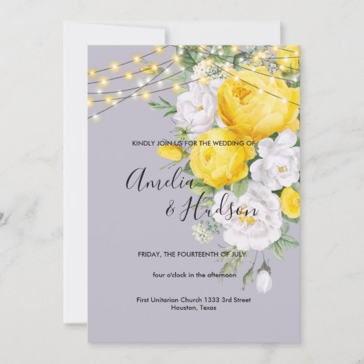 Invitation Élégant lumières rustiques mariage floral jaune (Devant)
