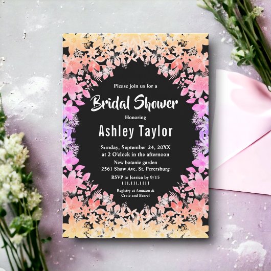 Invitation Élégant Lumineux Rose Black Floral Fête des mariée