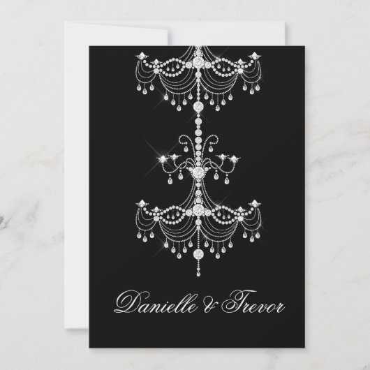 Invitation Élégant lustre en diamant orné sur Mariage noir (Devant)