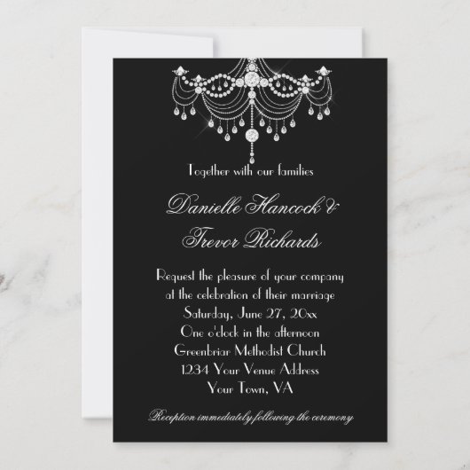 Invitation Élégant lustre en diamant orné sur Mariage noir (Dos)