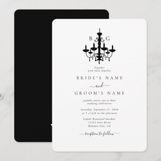 Invitation Élégant lustre noir blanc Mariage (Devant / Derrière)
