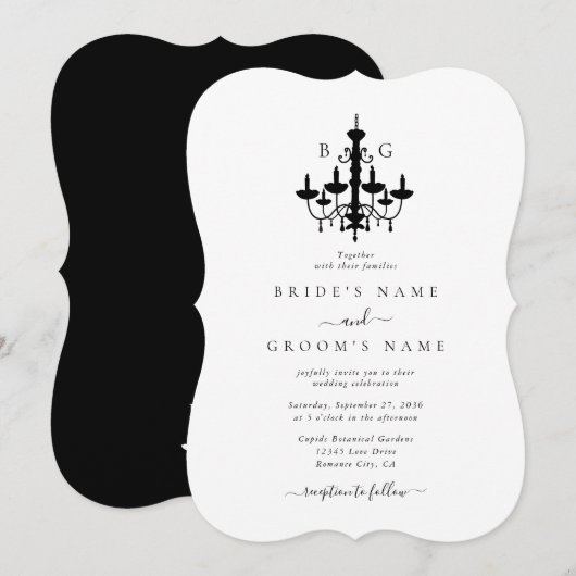 Invitation Élégant lustre noir blanc Mariage (Devant / Derrière)