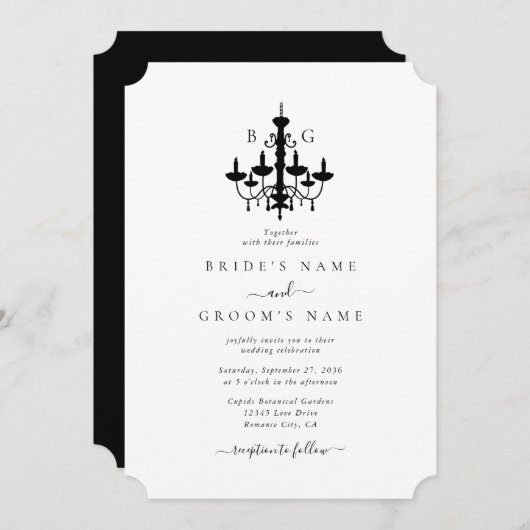 Invitation Élégant lustre noir blanc Mariage (Devant / Derrière)