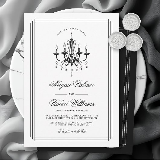 Invitation Élégant lustre noir blanc Vieux mariage argent