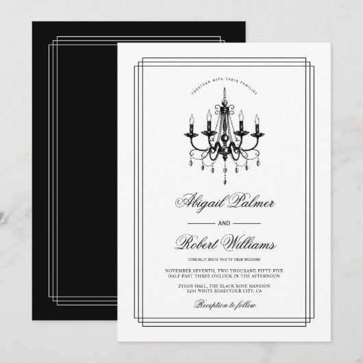 Invitation Élégant lustre noir blanc Vieux mariage argent (Devant / Derrière)