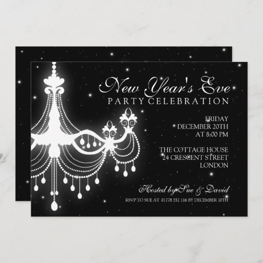 Invitation Élégant lustre noir du Nouvel An (Devant / Derrière)