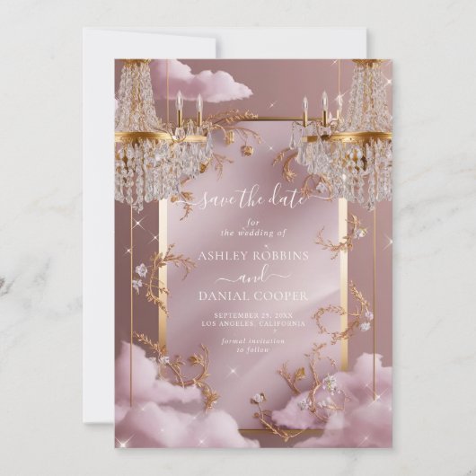 Invitation Élégant Lustre Nuages Roses Enregistrer La Date (Devant)