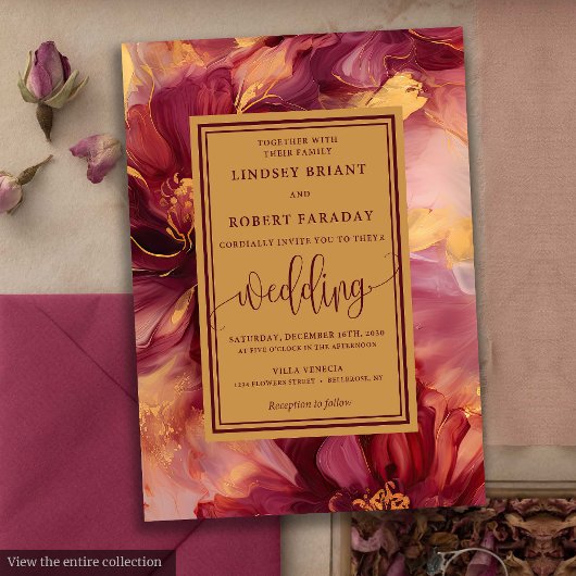 Invitation Élégant Lux Burgundy Blush Rose or Mariage