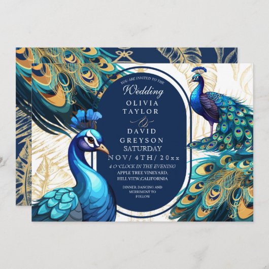 Invitation Élégant Lux Peacocks Garden Emerald Green Mariage (Devant / Derrière)