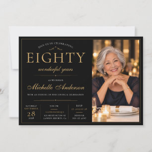 Invitation Élégant Luxe Anniversaire 80 Ans Photo Noir et Or