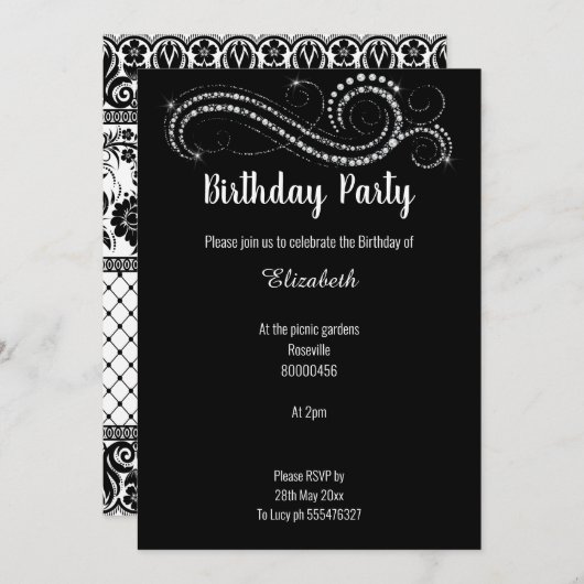 INVITATION ÉLÉGANT LUXE LACE NOIR DIAMONT (Devant / Derrière)