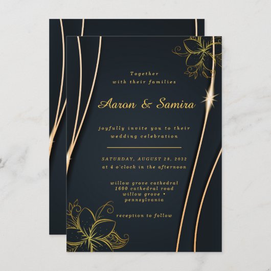 Invitation Élégant Luxueux mariage floral noir et or (Devant / Derrière)