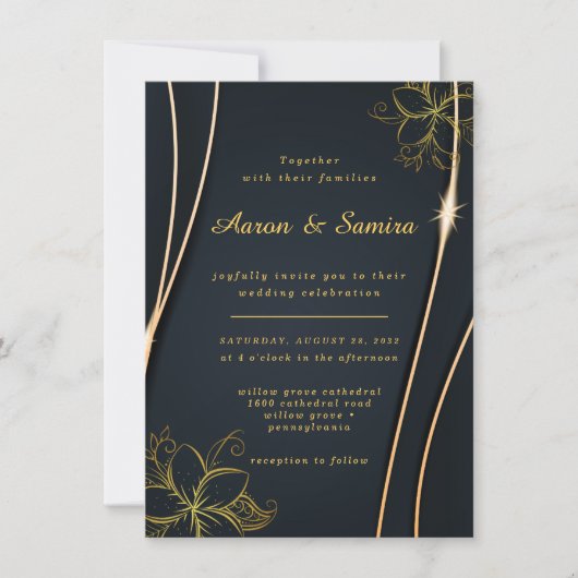 Invitation Élégant Luxueux mariage floral noir et or (Devant)