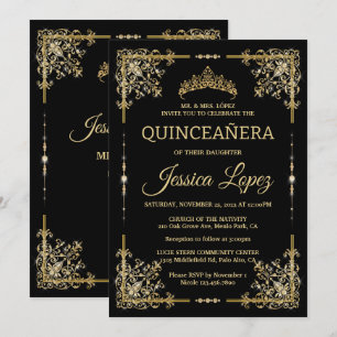 Invitation Elégant Luxueux Or et Black Quinceanera
