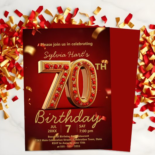 Invitation Elégant Luxueux Rouge et Or 70e anniversaire