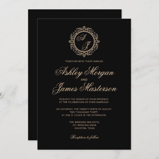 Invitation Elégant Luxury Gold Monogramme Mariage noir (Devant / Derrière)