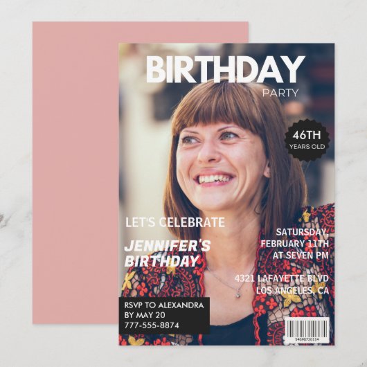 Invitation Elegant Luxury Magazine Photo 46e anniversaire (Devant / Derrière)