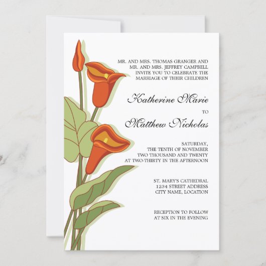 Invitation Élégant Lys Calla Orange Mariage (Devant)
