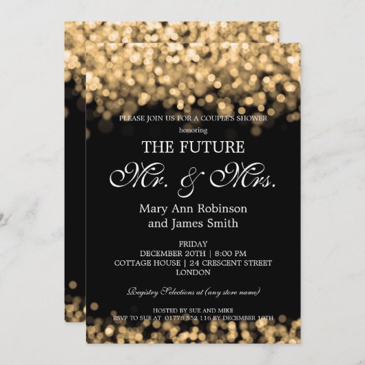 Invitation Élégant M. Mme Couples Douche Lumières Or (Devant / Derrière)
