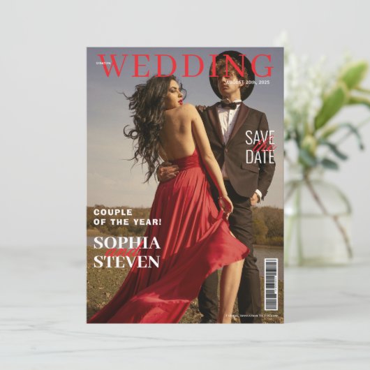Invitation Élégant Magazine Mariage Enregistrer La Date (Debout devant)