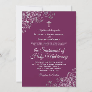 Invitation Élégant Magenta & Argent Mariage catholique modern