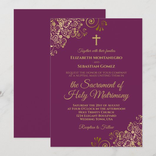 Invitation Elégant Magenta & Gold Mariage catholique moderne (Devant / Derrière)