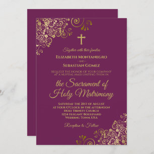 Invitation Elégant Magenta & Gold Mariage catholique moderne