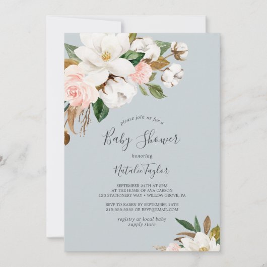 Invitation Élégant Magnolia | Baby shower gris bleu (Devant)
