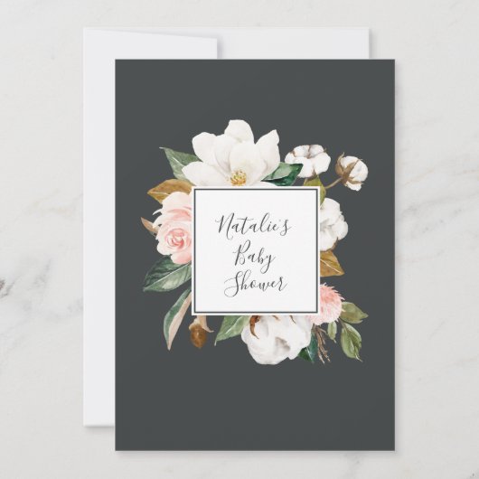 Invitation Élégant Magnolia | Baby shower gris bleu (Dos)