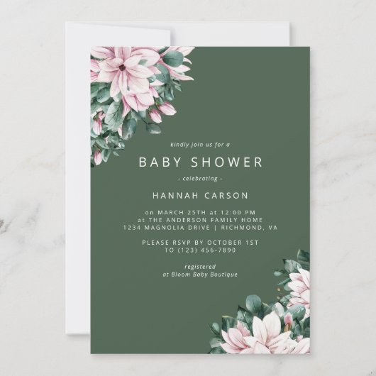 Invitation Élégant Magnolia | Baby shower vert forestier simp (Devant)