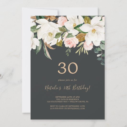 Invitation Élégant Magnolia | Black and White 30th Birthday (Devant)