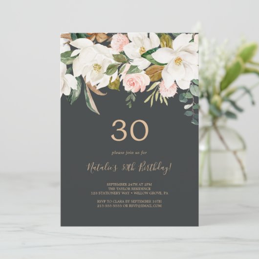 Invitation Élégant Magnolia | Black and White 30th Birthday (Debout devant)