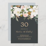 Invitation Élégant Magnolia | Black and White 30th Birthday<br><div class="desc">Cette élégante invitation magnolia noire et blanche à 30ème anniversaire est parfaite pour un événement moderne classe. La décoration florale douce est composée de pivoines roses vertes et aquarelles, de magnifiques fleurs de magnolia blanches et de coton avec de l'or et des feuilles verts dans un agencement luxueux. Personnalisez le...</div>