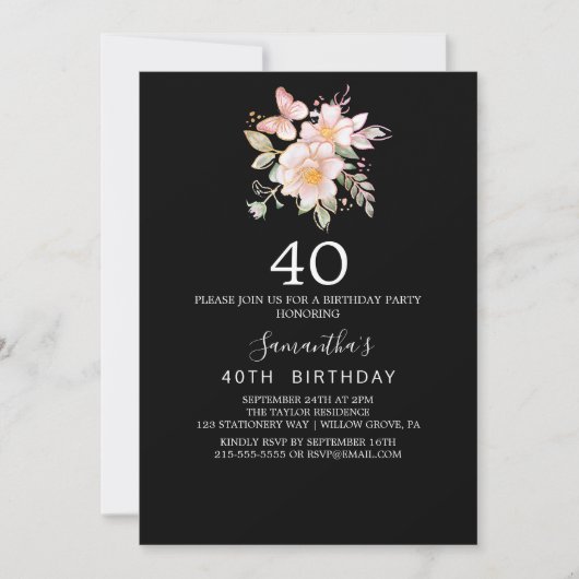 Invitation Élégant Magnolia | Black and White 40th Birthday (Devant)