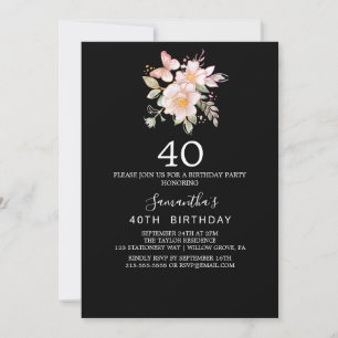 Invitation Élégant Magnolia   Black and White 40th Birthday